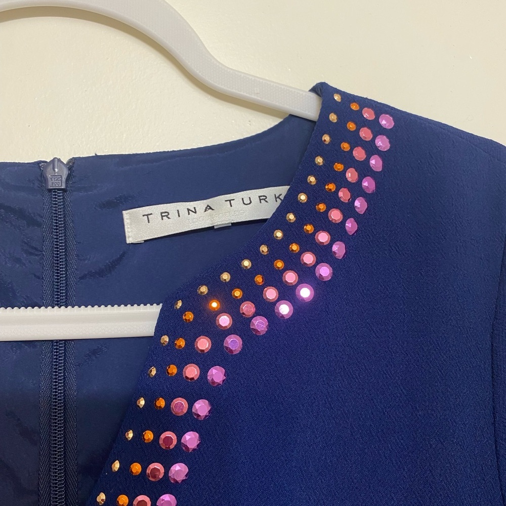 Trina Turk Navy Mini Dress with Pink & White Beaded V-Neckline - Picture 5 of 8